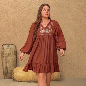 Plus Size Embroidered Tie Neck Balloon Sleeve Mini Dress
